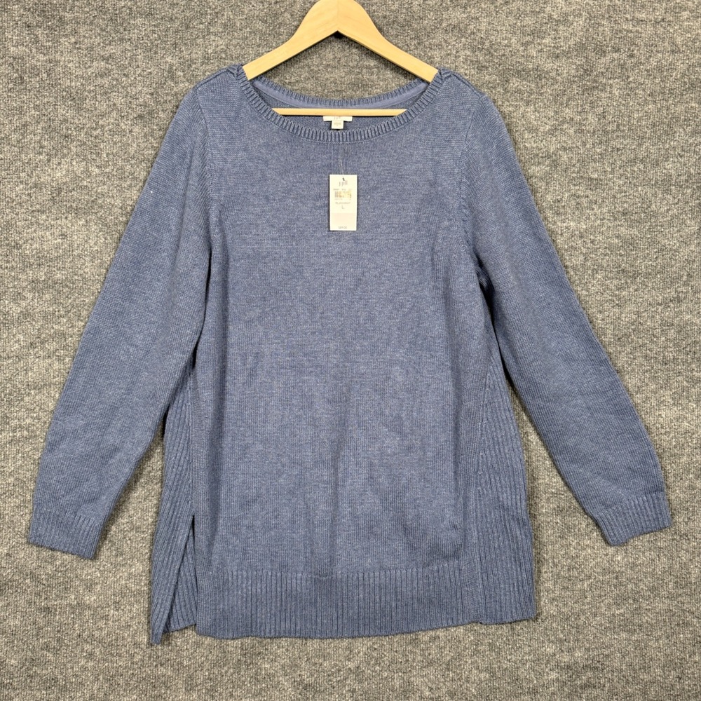 New‎ J.Jill Large Sweater Blue Ribbed Knit Crew Neck Pullover Slits Long Sleeves